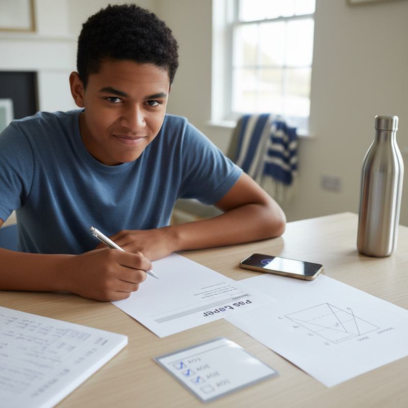 Student practising past papers with stopwatch, labeled supply-demand diagram and AO1 AO2 AO3 checklist