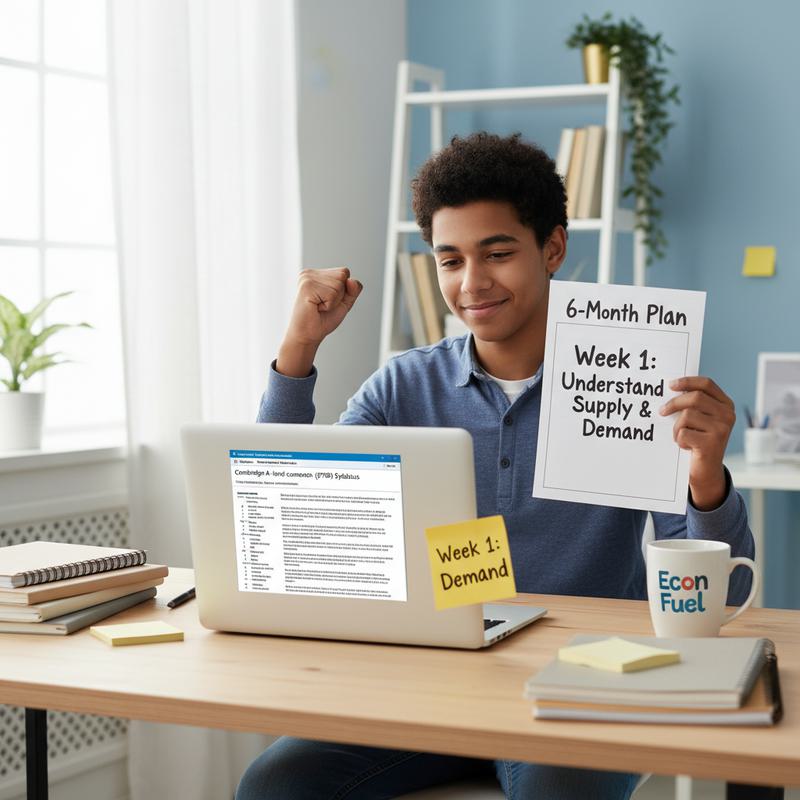 Student at study desk doing a triumphant fist-pump with a 6-Month Plan and Cambridge 9708 on laptop