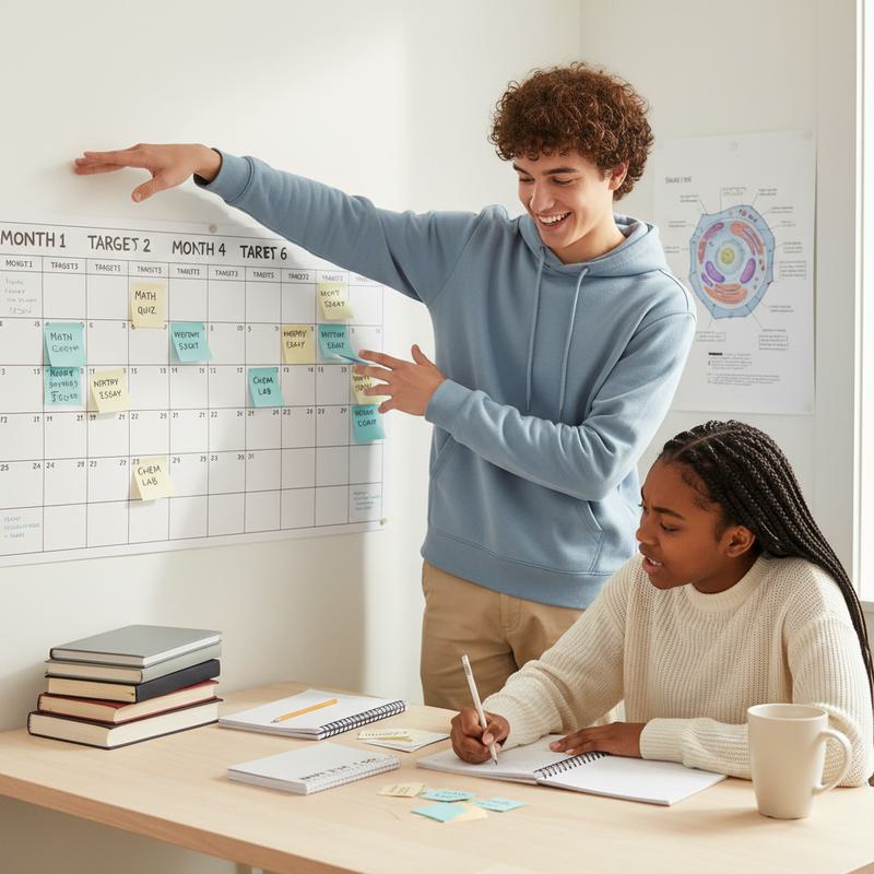 Study corner with calendar marked Month 1–6, two students teaching and learning with sticky notes and mistake log