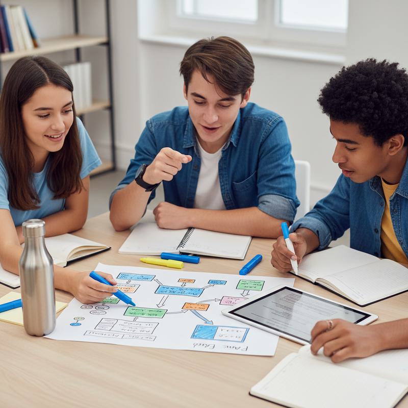 Diverse students creating a one-page formula map — collaborative study session