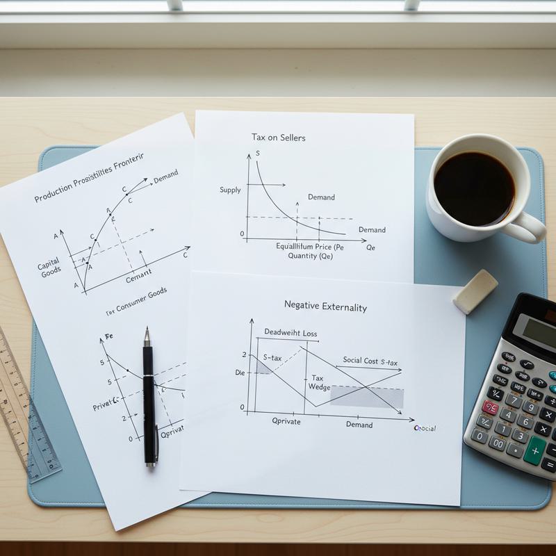 Flat-lay of exam-ready diagram sketches and stationery — PPF, supply & demand, tax wedge, externality