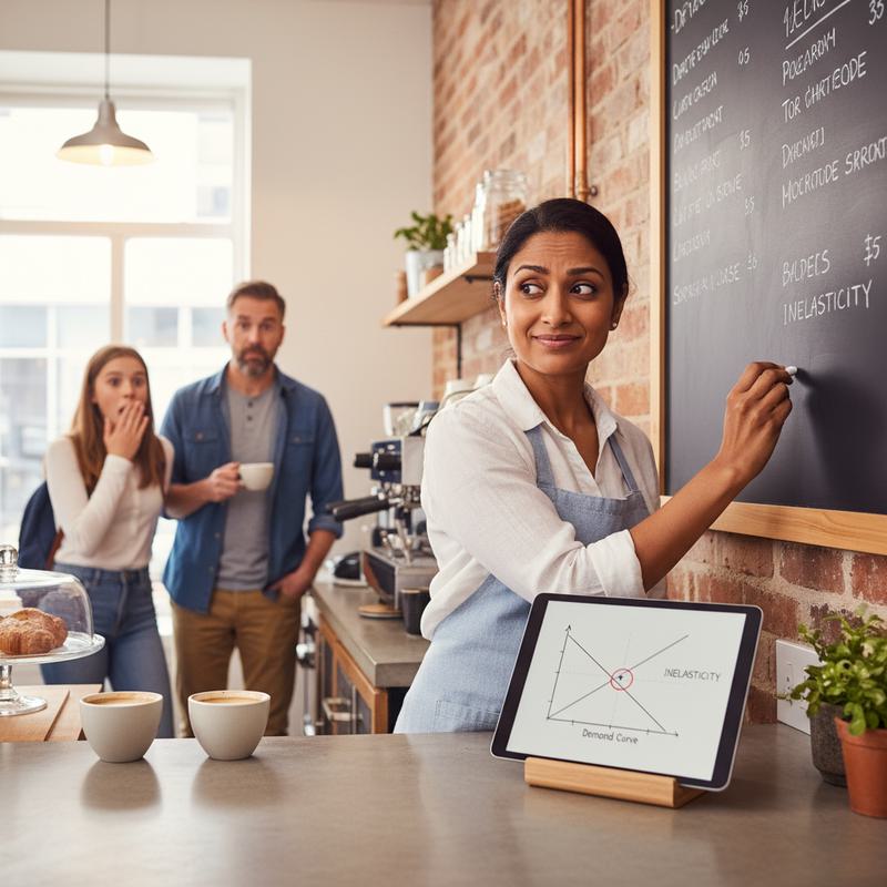 Local cafe owner adjusting a price list with charts on a tablet