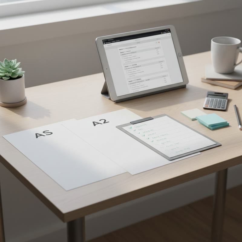 Organised AS vs A2 syllabus checklist on study desk — printed pages, tablet and checklist