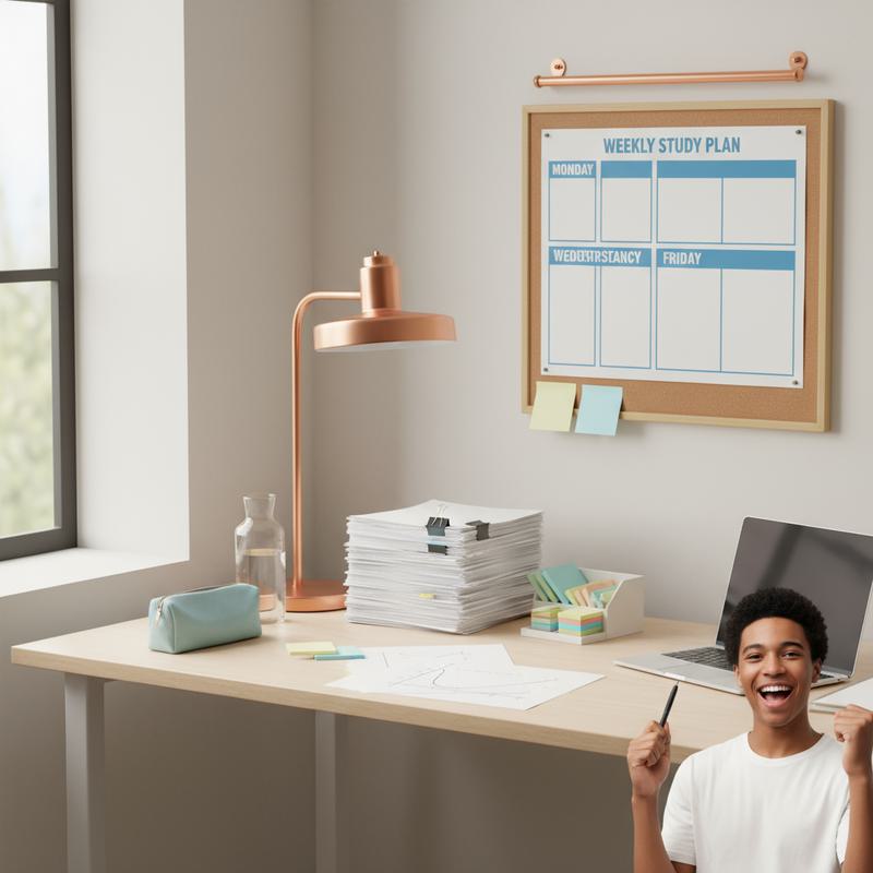 An organised study desk with a weekly plan, past-paper stack, diagrams and a student celebrating — practical study habits visualised