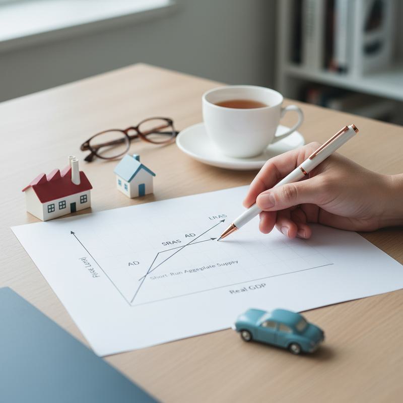Printed AD/AS diagram on a desk with toy factories and houses and a pen pointing at curves — a neat macroeconomics visual