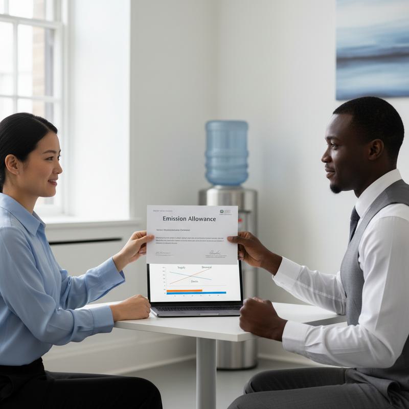 Professionals exchanging an emission allowance in a modern office — tradable permits and policy instruments
