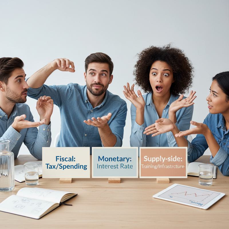 Small team debating policy cards labelled Tax, Interest Rate and Training — visualising trade-offs in macroeconomic policy