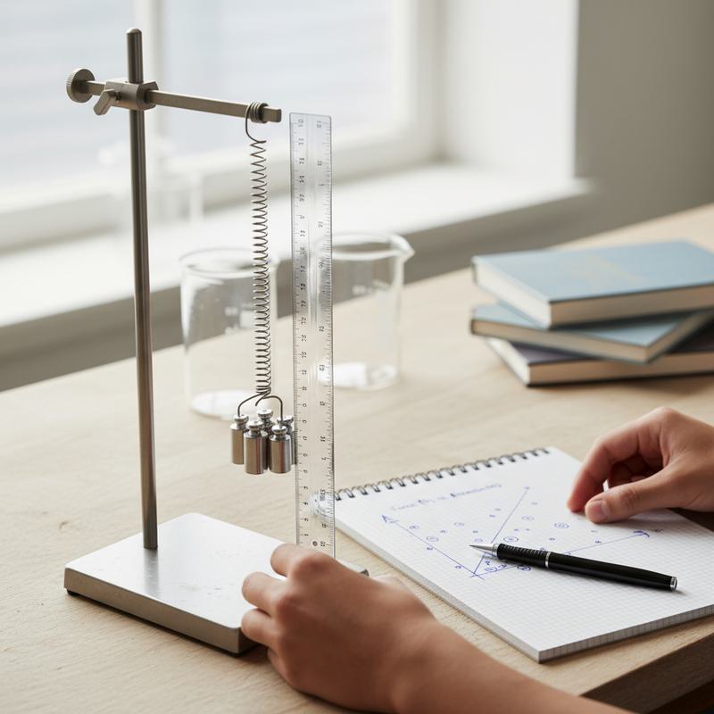 Hooke's Law spring experiment setup with plotted force vs extension graph