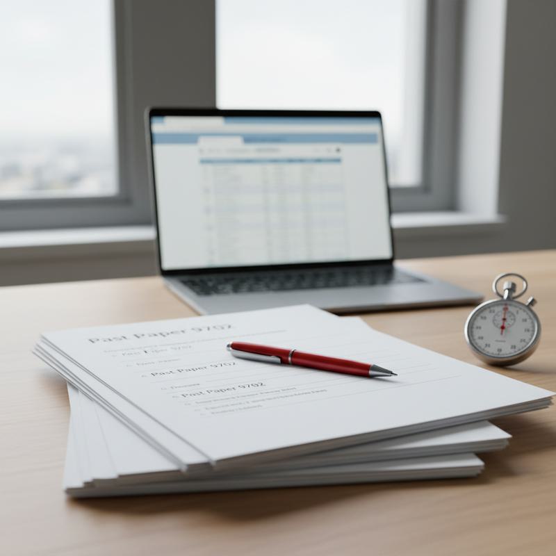 Stack of past papers with red pen and stopwatch — exam practice essentials