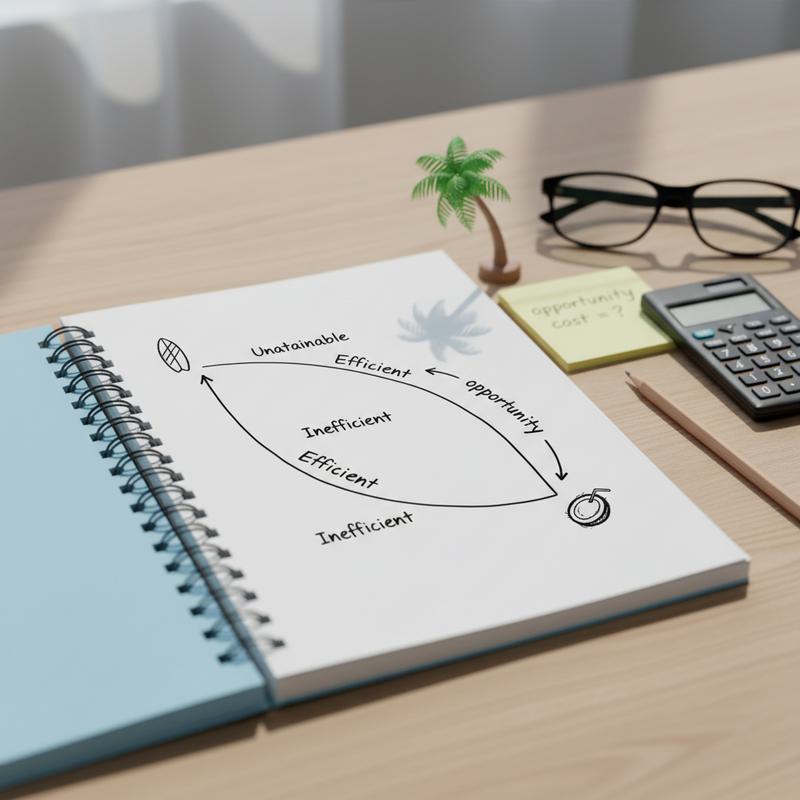 Student notebook with a neatly drawn Production Possibility Curve, surfboard and coconut doodles, pencil and calculator on a desk — visualising scarcity and trade-offs for AS Level Economics