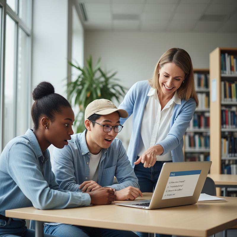 Students consulting an FAQ on a laptop with a helpful tutor