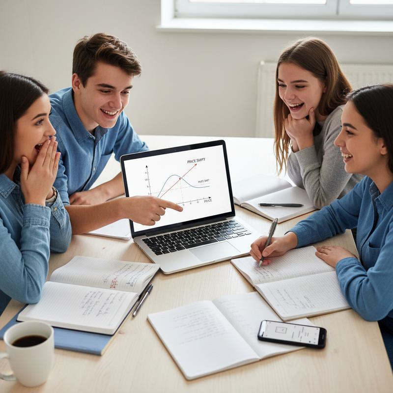 Diverse group of teenagers clustered around a laptop displaying a demand and supply graph, engaged and surprised — illustrating microeconomics in action