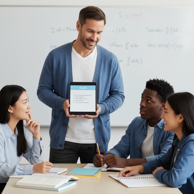 Tutor holding a tablet that shows an FAQ list while students listen — friendly classroom scene for AS Level Economics FAQs