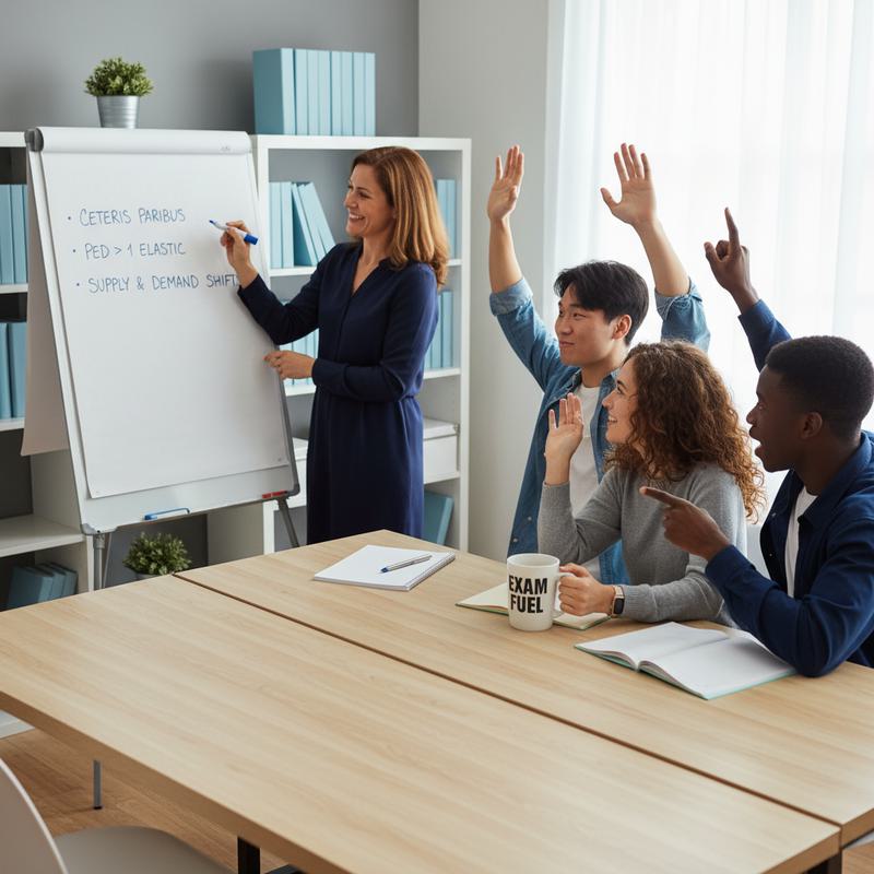 Tutor running a short exam Q&A with diverse students — FAQs and quick answers