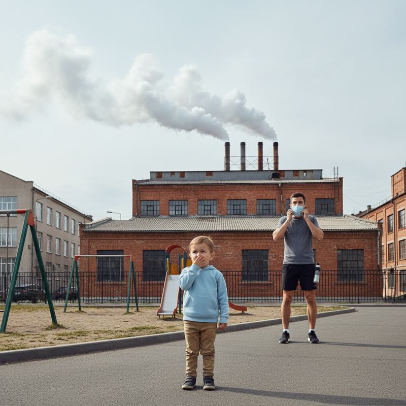 Urban factory pollution with children and a jogger — negative externalities and market failure