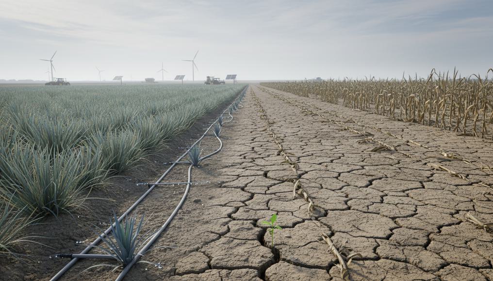 Fields of crops under varying weather conditions, depicting supply elasticity in farming and energy sectors.