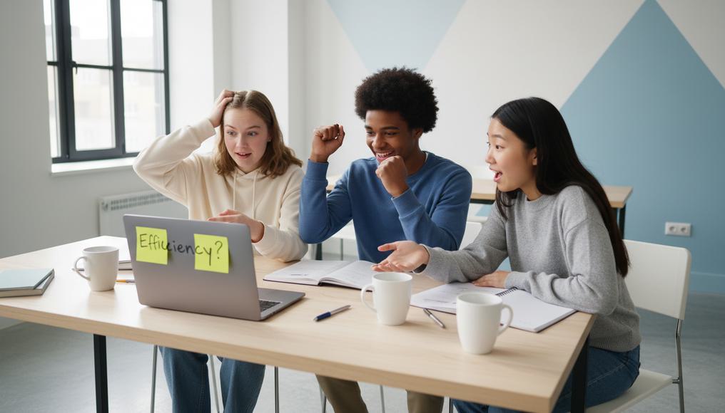 Diverse students puzzling over core economic concepts like efficiency and externalities in a modern study room, highlighting government intervention ideas for A-level learners.