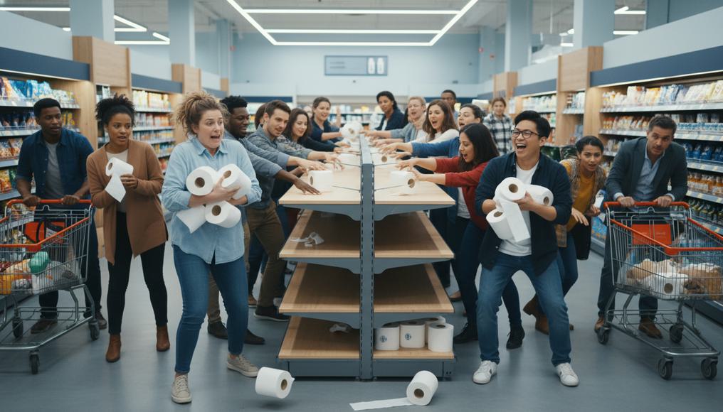 Realistic depiction of a bustling market crowd scrambling for limited essentials during a sale, illustrating the unpredictable human element in economic resource allocation.