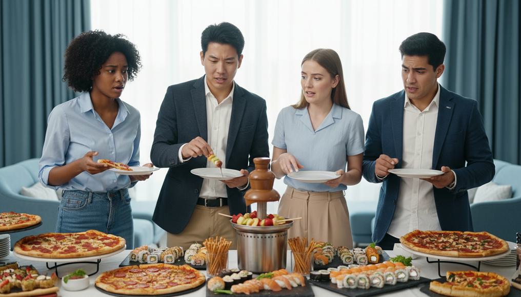 A relatable scene depicting the economic concept of scarcity with limited choices at an abundant buffet, highlighting unlimited wants versus finite resources.