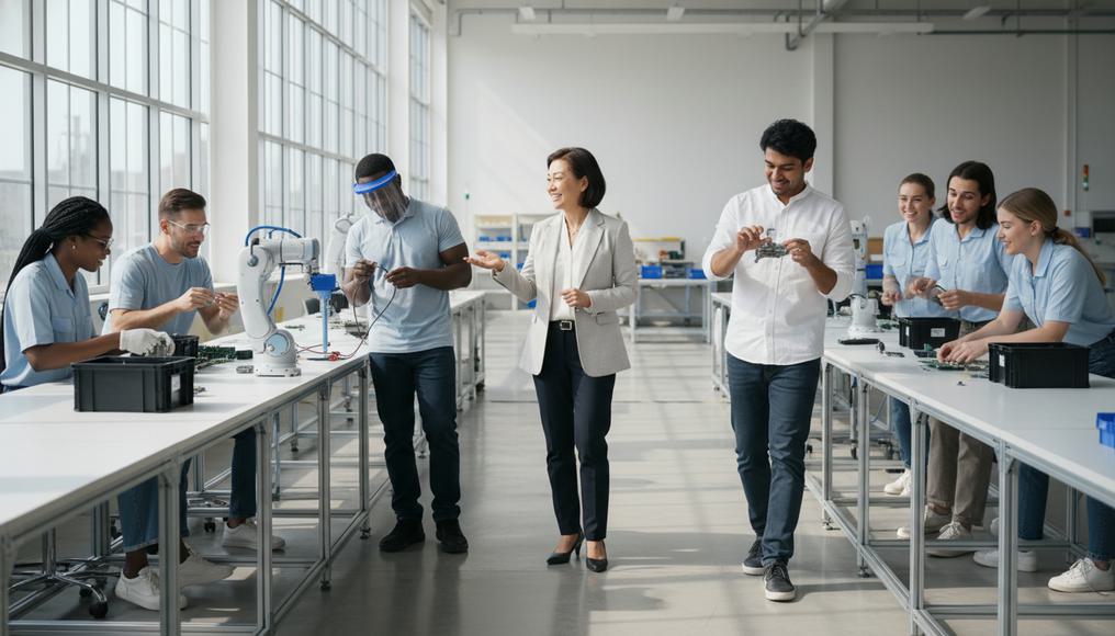 A professional entrepreneur guiding a diverse assembly line team, embodying specialization and innovation in economic production.