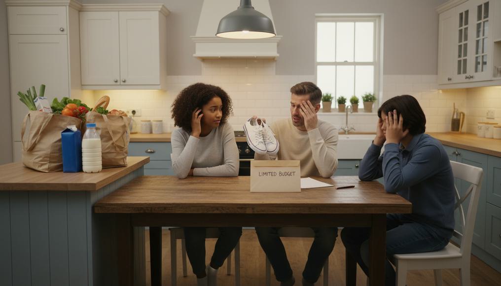 Visualizing economic choices under scarcity, showing a household deciding between essentials and wants in everyday life.