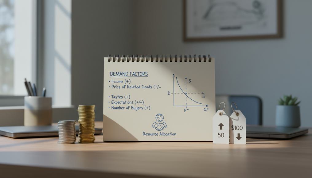 Close view of economic models on a desk holding variables constant, like stable income icons amidst changing price tags, simplifying complex resource analysis.