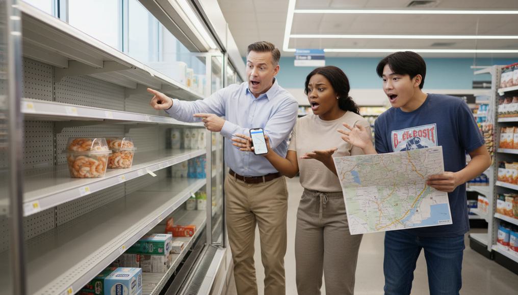 A diverse group of shoppers facing limited resources in a modern grocery store, highlighting the basics of economic decision-making and the price mechanism.