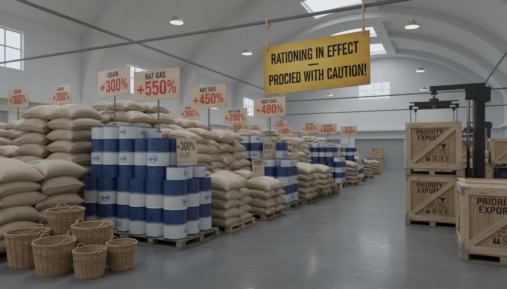 Price tags and market displays directing allocation of grains and energy resources in global trade.