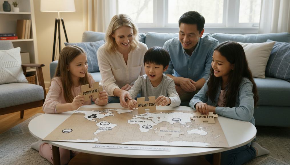 Diverse household discussing integrated economic methodologies around a world map, applying positive statements and time periods to scarcity challenges like poverty.
