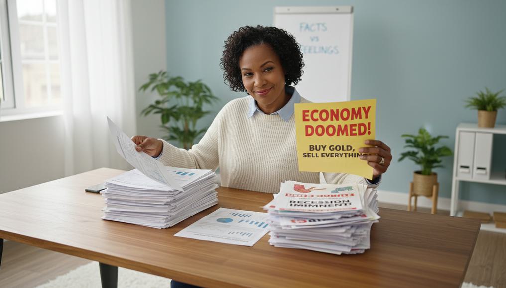A professional economist at a desk separating data reports from opinion articles, emphasizing the distinction between verifiable economic facts and subjective views.