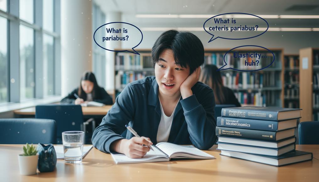 A teenager browsing economics books and notes with question marks, seeking quick insights into methodology concepts like social science and ceteris paribus.