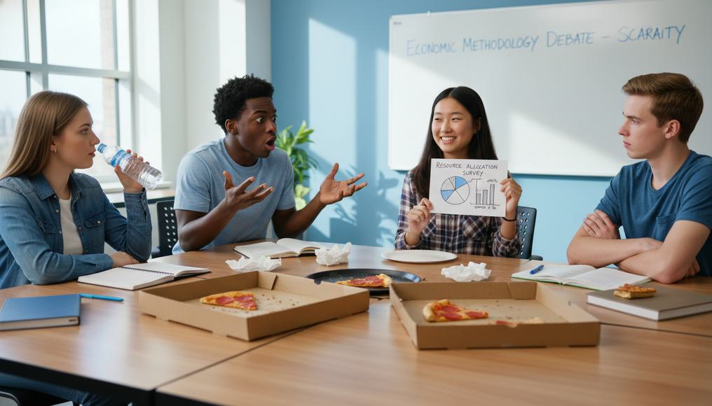 Diverse teenagers in a bright classroom engaging in an animated economic debate over limited pizza slices, highlighting positive versus normative arguments with survey facts.