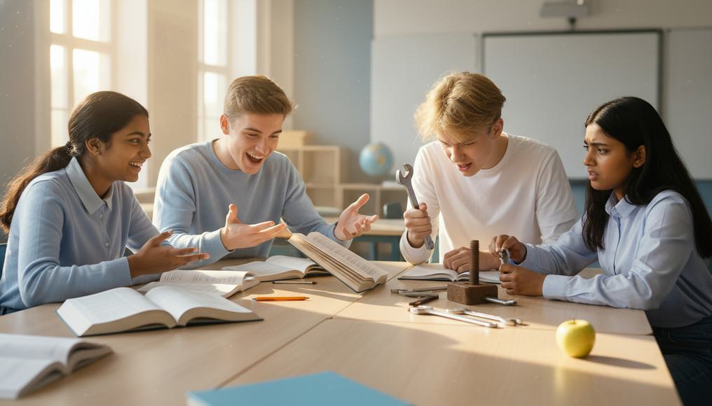 A classroom scene contrasting educational tools and machinery, highlighting the interplay of human and physical capital in economics.
