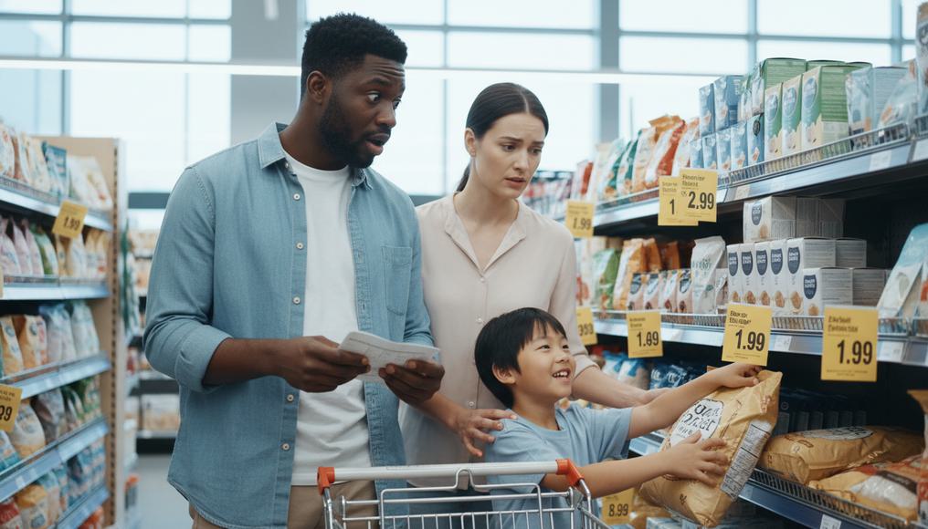 Shoppers reacting to price changes on essential and luxury goods, illustrating income and cross elasticity concepts in economics.