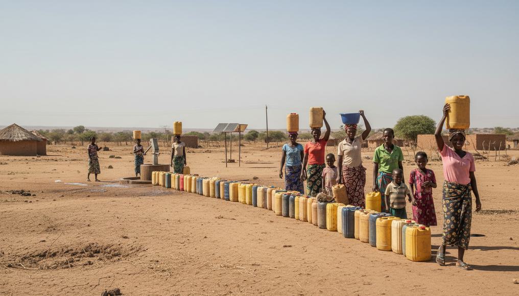 Real-world illustration of economic scarcity in climate-impacted regions, emphasizing global resource limitations.