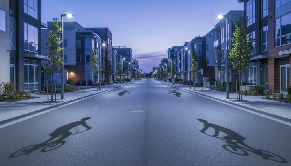Realistic high-resolution photo of government-provided streetlights illuminating a neighborhood path at dusk, preventing accidents and showcasing public goods provision.