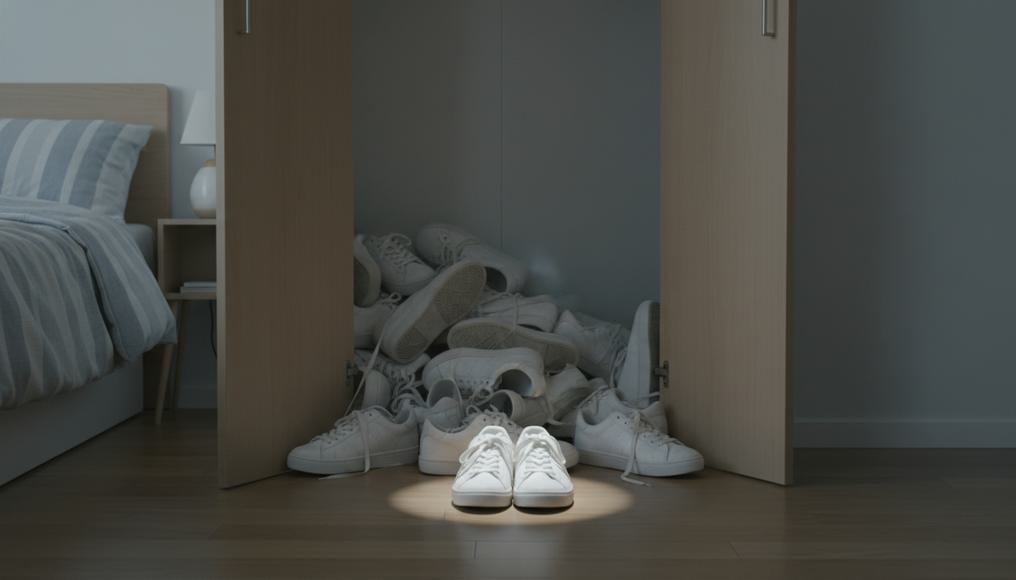 Depiction of diminishing marginal utility through excess consumer goods like sneakers, highlighting economic principles of satisfaction decline in A-Level Economics