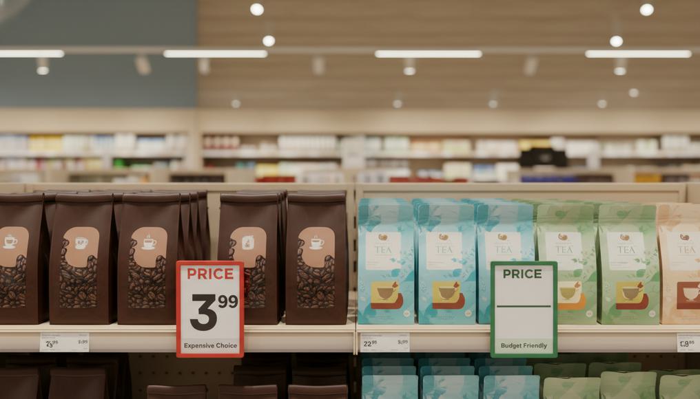 Close-up of coffee and tea products on a store shelf illustrating substitute relationships in market economics.