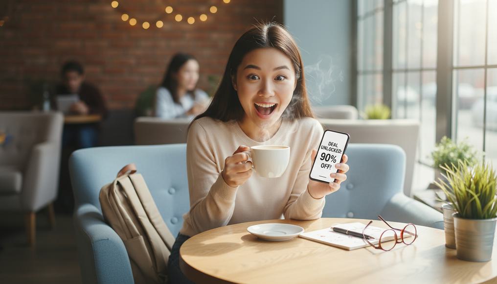 A joyful everyday consumer savoring a coffee bargain, representing the thrill of consumer surplus in daily economics.