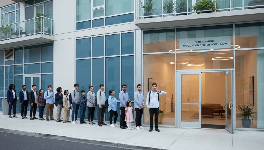 Wide shot of a line of diverse individuals waiting outside an apartment building under price ceiling rent controls, highlighting market interventions.