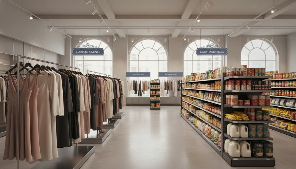 A variety of consumer goods from upscale clothing to basic groceries arranged in a modern retail space, demonstrating how substitutes, demographics, and time influence demand responsiveness to income changes.