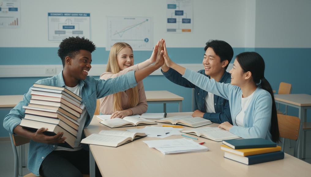 Scene of merit goods in action, with subsidized education promoting long-term benefits and positive externalities in economic resource allocation.