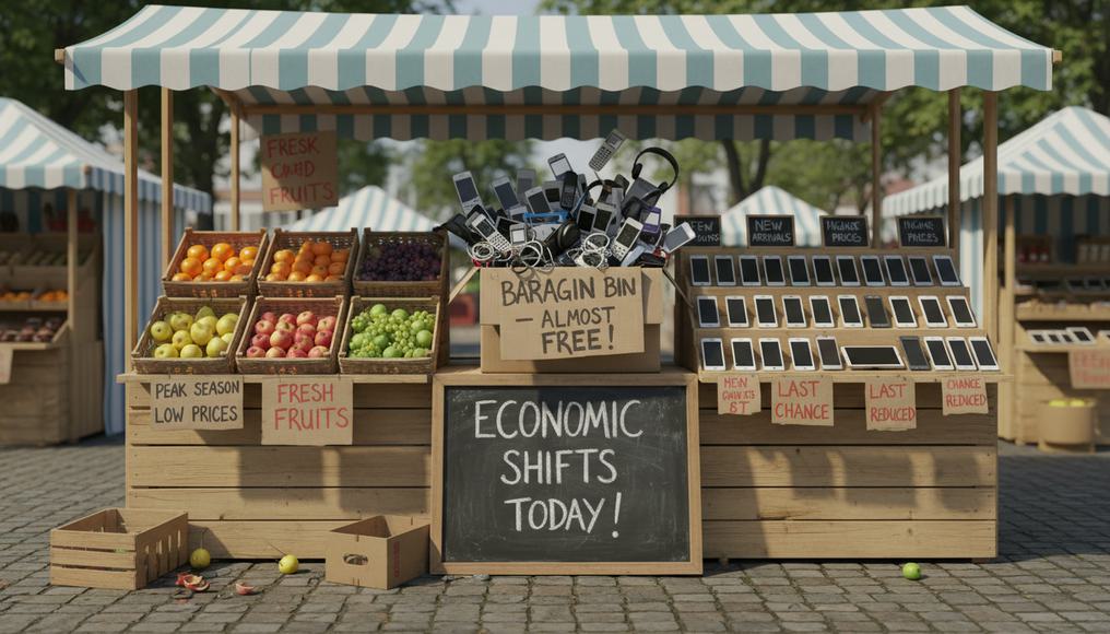 A bustling stall adapting to supply changes, illustrating factors influencing consumer and producer surpluses in economics.