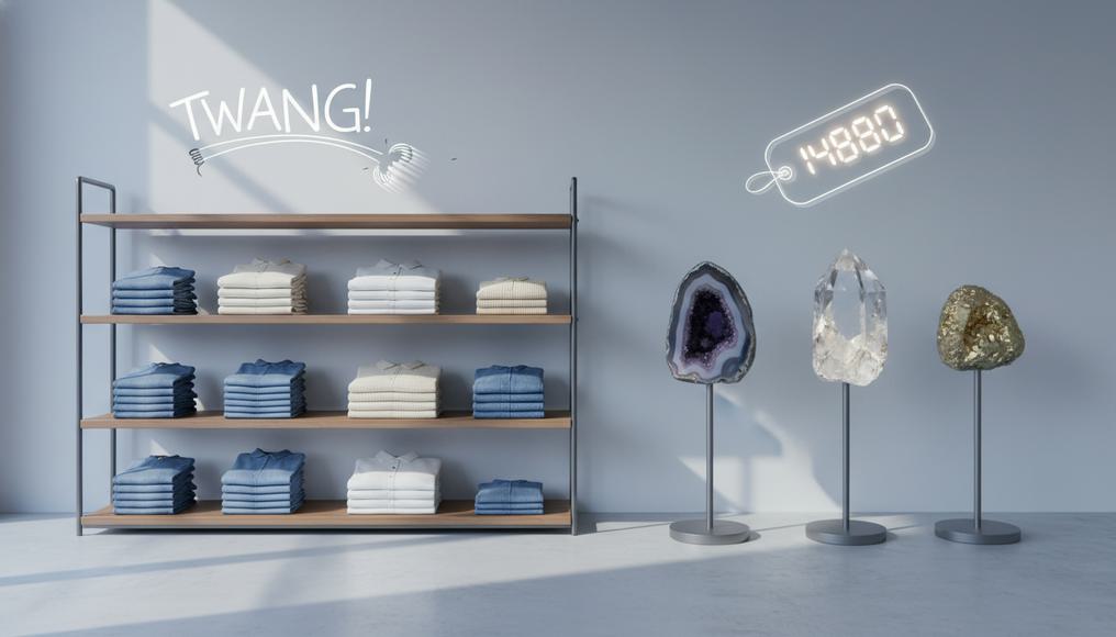 Visual representation of PES coefficients through fast fashion and rare mineral examples, aiding interpretation in economics studies.