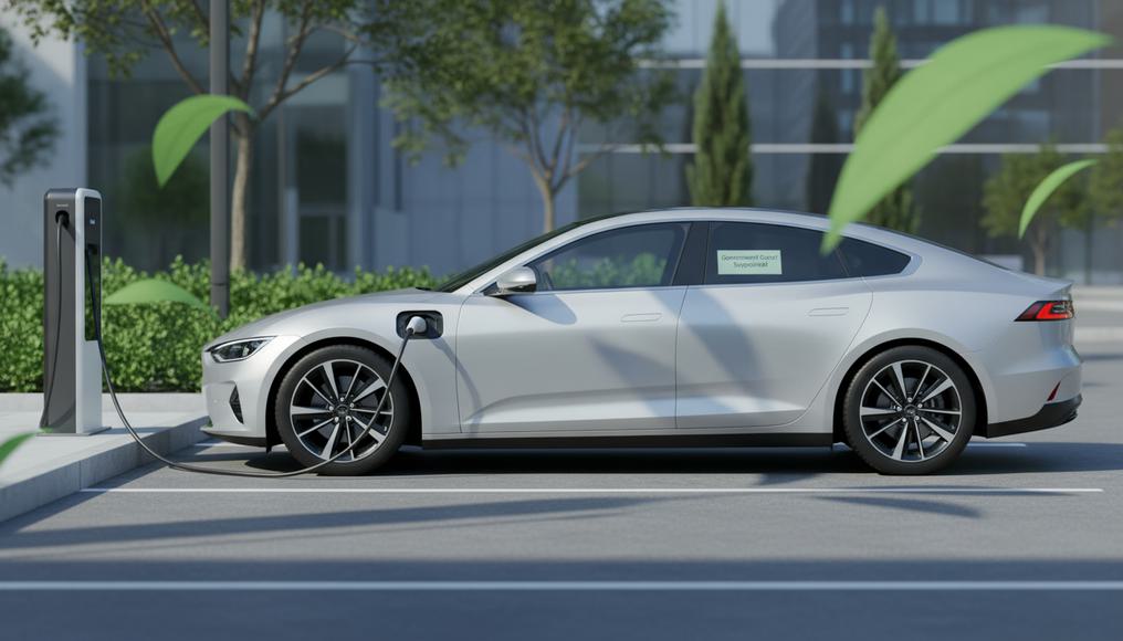 Modern EV plugged into a charger with government subsidy indicator, promoting merit goods like green transport to boost social benefits.