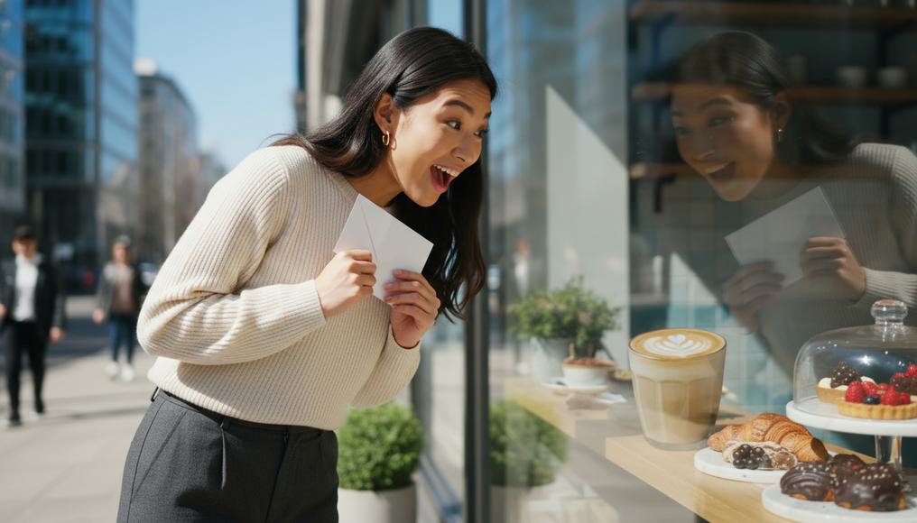 A diverse young professional in casual attire stands outside a cozy cafe, holding a paycheck envelope with a delighted grin, gazing at premium coffee options through the window, capturing the thrill of extra income sparking indulgent desires.