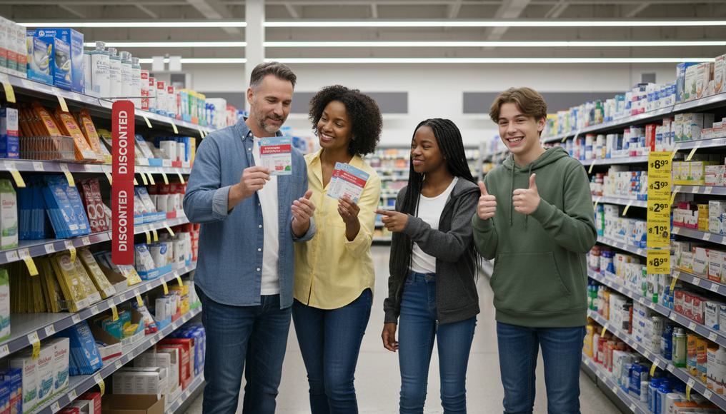 A multiracial family accessing affordable essentials, highlighting how consumer surplus drives economic welfare and growth.