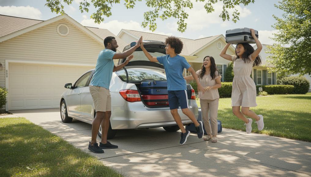 A multiracial household packing for a road trip in their driveway, excitement building as recovering incomes enable more travel, reflecting real-world shifts in demand for leisure activities.