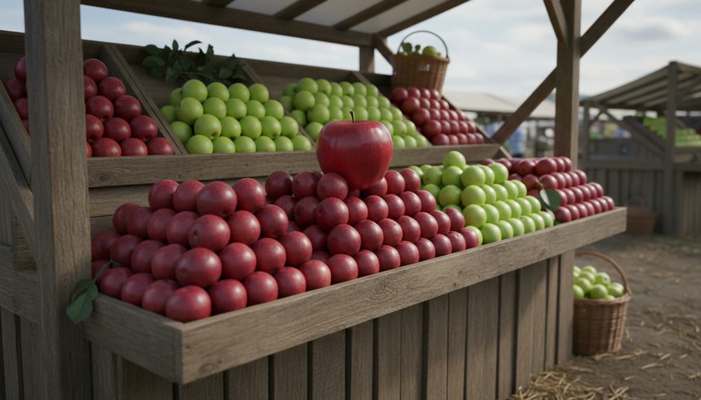 A vibrant display of apples at a market stall, symbolizing producer surplus and the rewards of efficient farming in economics.