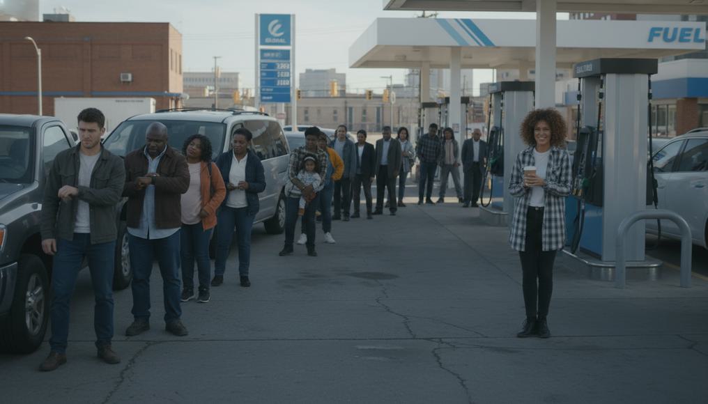 Long line at a petrol station during a supply shortage, exemplifying real-world demand and supply interactions and price rationing effects.